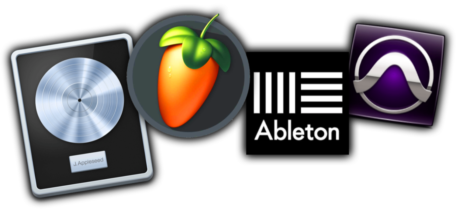 The logo of Fl studio, Logic pro, Ableton, and Pro tools.