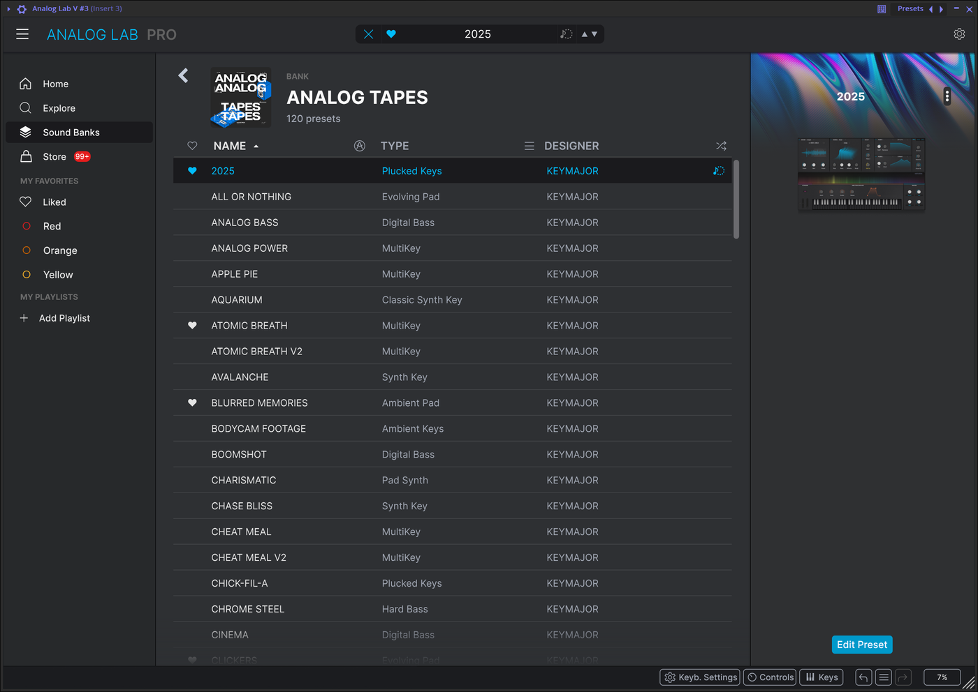 The Analog Tapes bank open in Arturia Analog Lab Pro, showing its cover art, 120 presets, and a list of multi key, pad and bass presets by Keymajor