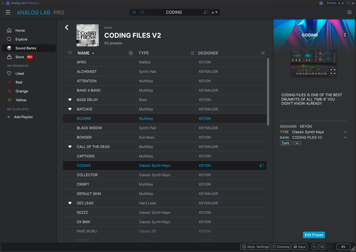The Coding Files V2 bank open in Arturia Analog Lab Pro, showing its cover art and a list of multi key, synth pad, bass and classic synth key presets by Keyon and Keymajor
