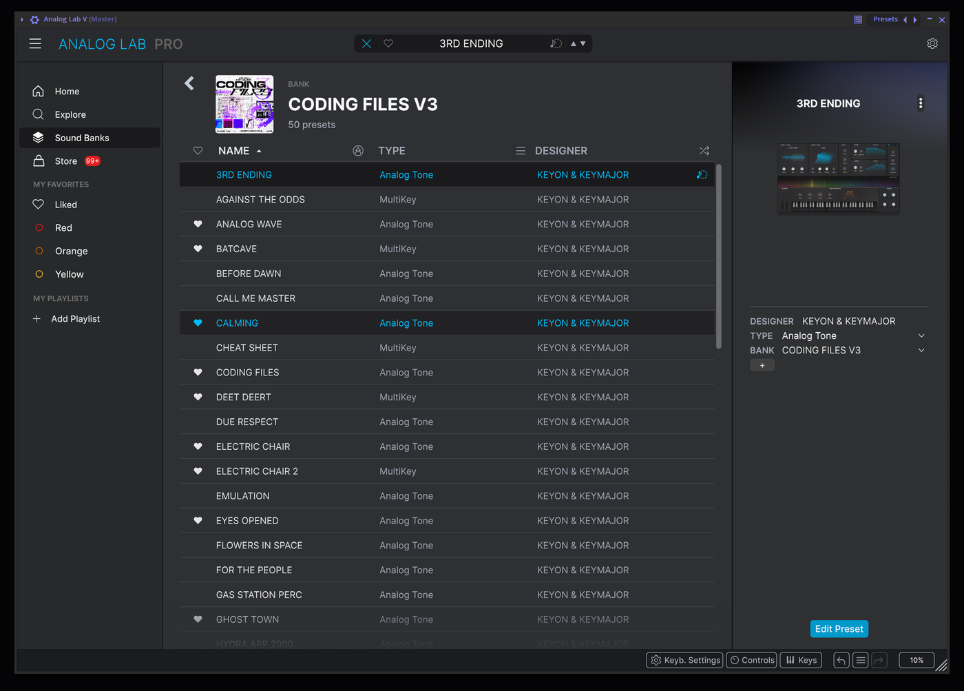 The Coding Files V3 bank open in Arturia Analog Lab Pro, showing its cover art, 50 presets, and a list of analog tone and multi key presets by Keyon and Keymajor