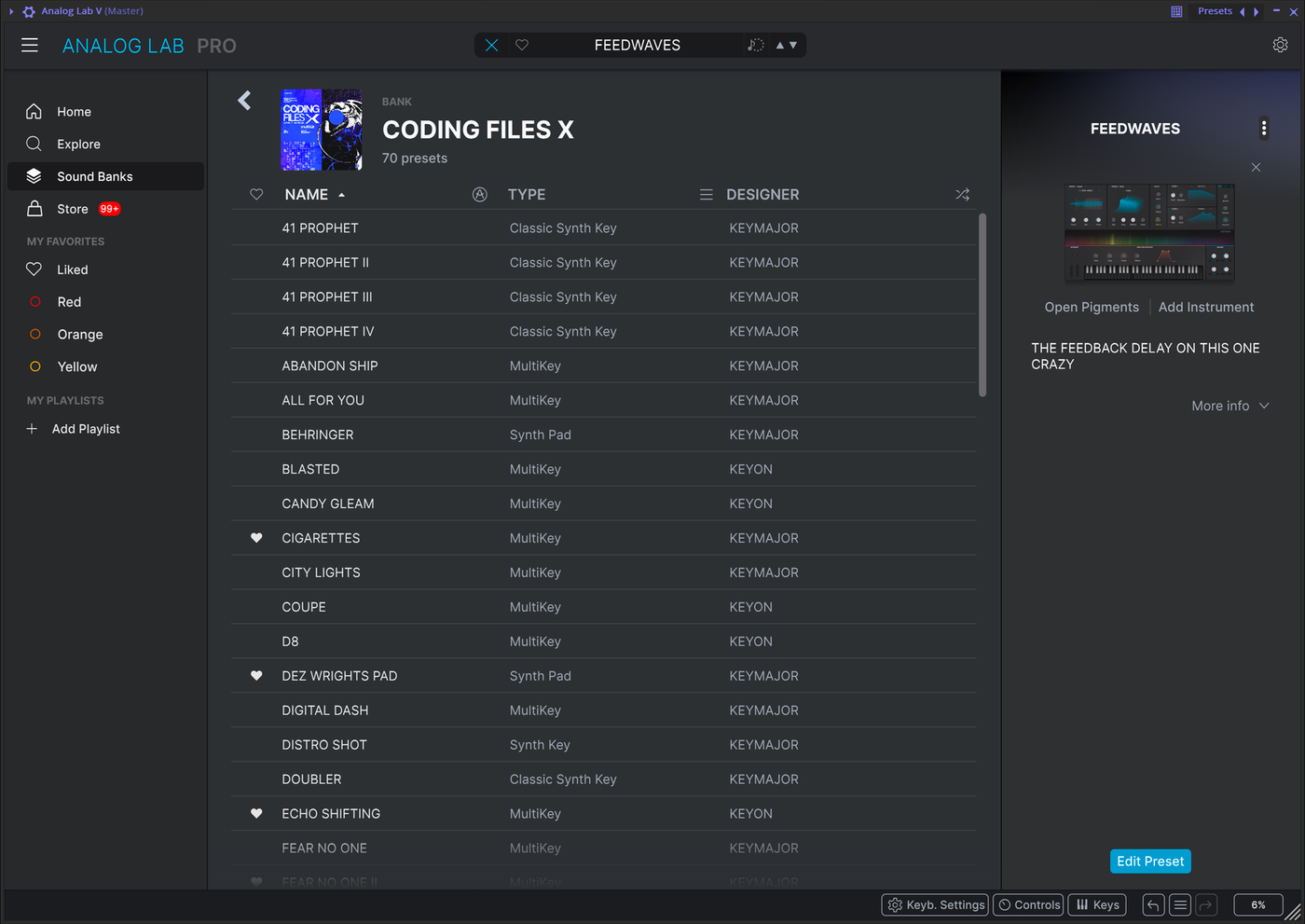 The Coding Files X bank open in Arturia Analog Lab, showing its cover art, 70 presets, and a list of presets by Keymajor and Keyon