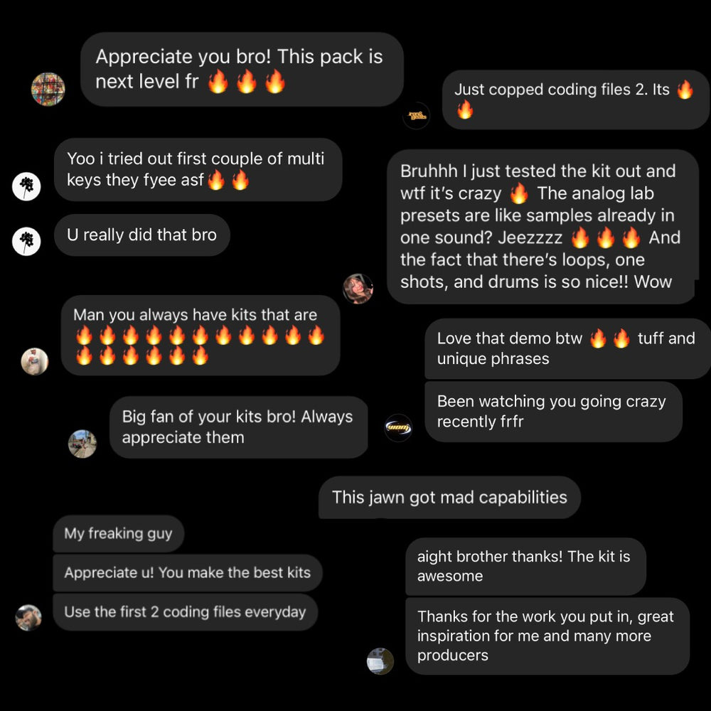 Screenshots of direct messages from producers about Coding Files V3, saying the pack is next level, that the multi keys are fire, that the Analog Lab presets are like samples already in one sound, and that having loops, one shots and drums together is a big deal