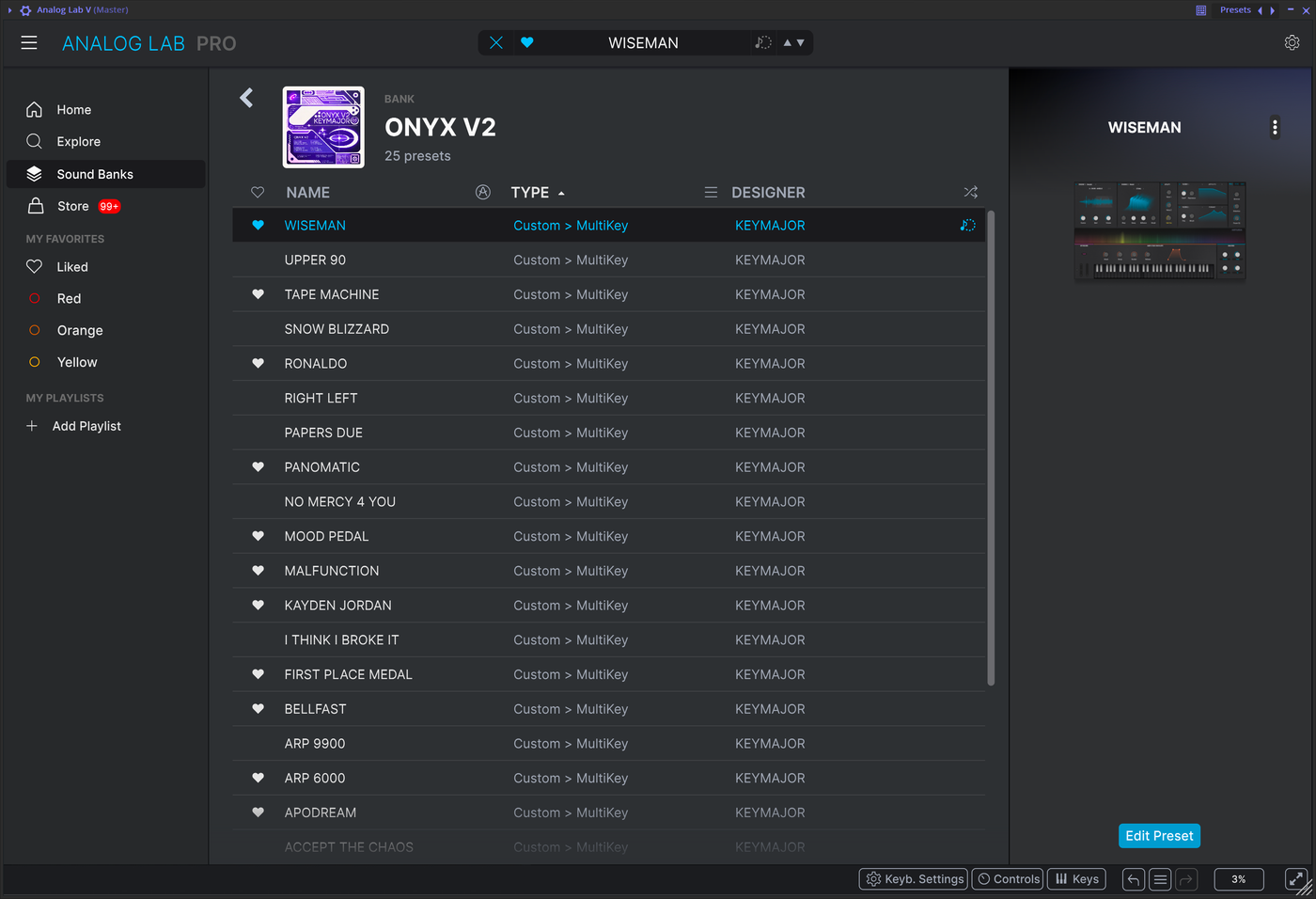 The Onyx V2 bank open in Arturia Analog Lab Pro, showing its purple cover art, 25 presets, and a list of presets by Keymajor