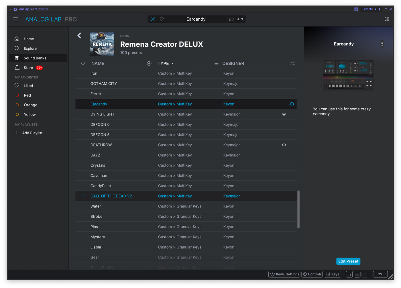 The Remena bank open in Analog Lab Pro, one hundred presets listed as Custom MultiKey and Custom Granular Keys, designed by Keyon and Keymajor